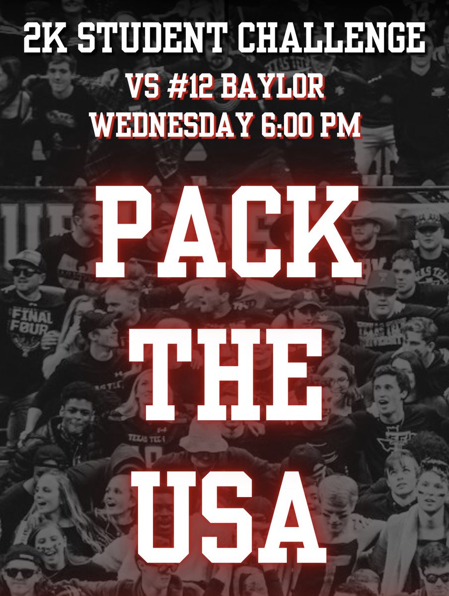 Raider Riot, we’ve got a challenge Wednesday. We need 2,000 students to Pack the USA for #16 <a href="/LadyRaiderWBB/">Lady Raider Basketball</a> biggest game of the year vs #12 Baylor!

🎟 Student Appreciation Night = giveaways + enter-to-win contests 🏆 Big 12 Title Race Implications ⚫ WEAR BLACK &amp; BE LOUD