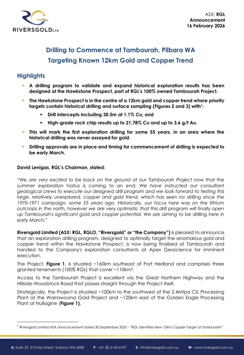 Drilling set to commence at the Hawkstone Prospect, part of $RGL ’s 100% owned Tambourah Project in the Pilbara, WA.

Targeting a 12km #gold &amp; #copper trend with impressive historical intercepts.

First drilling in 55 years. Approvals in place. Start early March.

Let’s go