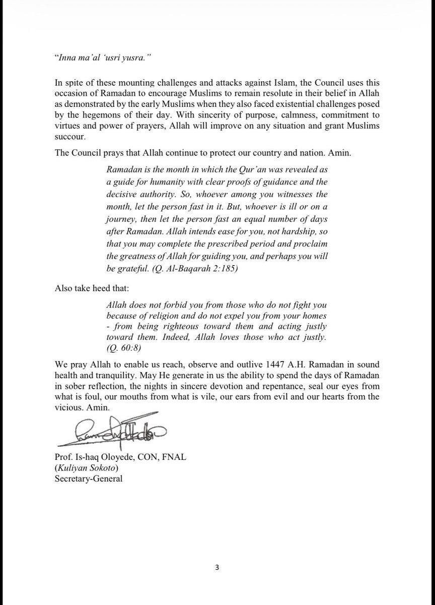 FASTING IN THE FACE OF CHALLENGES: MOONSIGHTING FOR
RAMADAN 1447 A.H.
It is another Ramadan season and the Nigerian Supreme Council for Islamic Affairs
(NSCIA), under the leadership of its President-General and Amirul Mumineen, His
Eminence, Alh. Muhammad Sa’ad Abubakar, CFR,