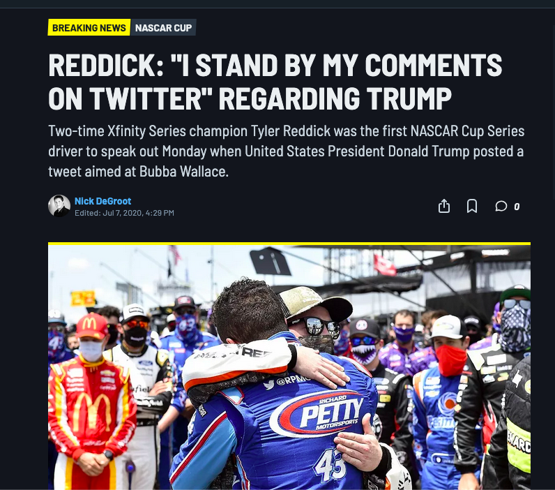 SeesyouS's tweet image. Tyler Reddick was the first to stick up for teammate Bubba Wallace when Trump went after him.

"We don’t need an apology. We did what was right and we will do just fine without your support."  -Reddick in 2020

Reddick just won Daytona with Wallace controlling stage 3. F Trump.