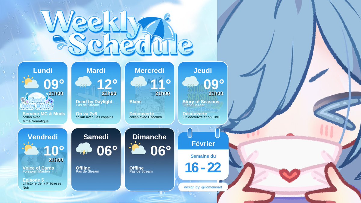Nouvelle semaine, nouveau planning

Cette semaine on est avec <a href="/Leardevoir/">Léa</a> aussi connu sous le pseudo MmeCromatique pour un Dans Leur Bulle

<a href="/HitochiroVT/">Hitochiro | Vtuber Renard FR</a> nous fait le plaisir d'être notre mate sur Blanc

Et.. ON DÉCOUVRE STORY OF SEASON !!

Oui, je suis trop heureuse de l'avoir xD