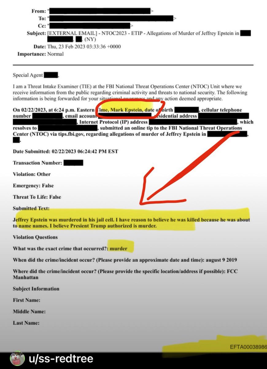 🔥Mark Epstein called the FBI on 2/22/2023 at 6:24pm EST to submit a tip because “he had reason to believe that Donald Trump authorized the murder of his brother, Jeffrey Epstein because he was about to name names.” EFTA0038986 ‼️