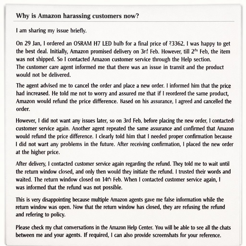 ravismarts's tweet photo. @amazonIN @AmazonHelp So frustrated with my recent Amazon order! 😠 I was assured a refund for price difference after reordering an OSRAM H7 LED bulb, but now it's denied after the return window closed. This is misleading! Please check attached image. I explained everything there https://t.co/3kzmbF50aq