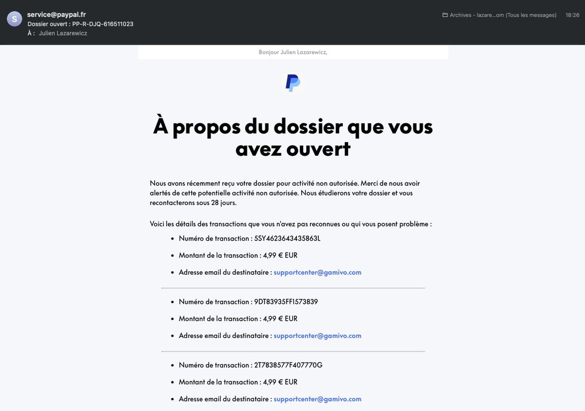 laz_Original's tweet photo. @Paypal protège vraiment ses client ?
Voici le mail concernant ma réclamation
@GAMIVOcom , ouverture du litige 15/02/2026 à 18:26.

Fermeture du litige le 15/02/2026 à 18H45 ! https://t.co/KSJyAR8x0i