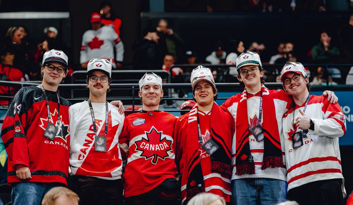 NHL's tweet photo. Seth Jarvis' buddies were in the house tonight cheering on @HockeyCanada! 🇨🇦

Watch all the action from the #MilanoCortina2026 #WinterOlympics on @NBCSports, @peacock, @cbcsports, @cbcgem, &amp; @Sportsnet! https://t.co/AoXt3m7WQ8