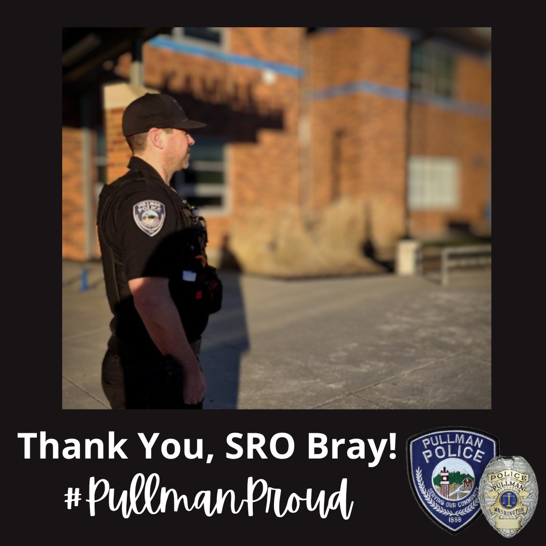 PullmanPolice's tweet photo. Happy National School Resource Officer Appreciation Day to SRO Bray, who serves @PullmanSD! Thank you for the many ways that you serve our community!
#PullmanProud #SROAppreciationDay https://t.co/t5B7uB3Jgr