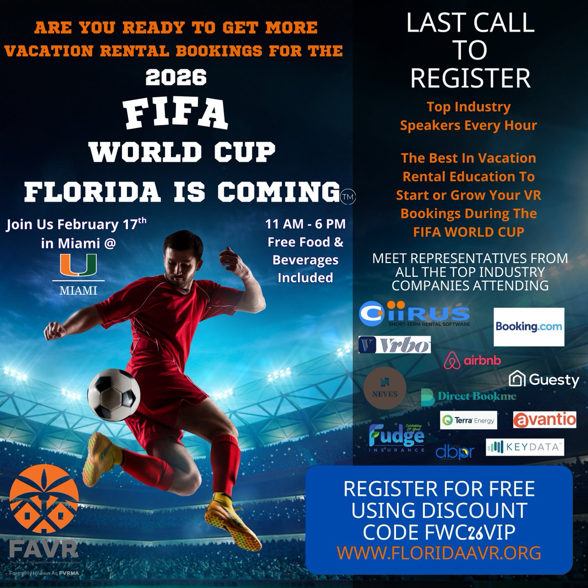 FLVRMA's tweet photo. LAST CALL! Just 2 days away from the start of our "Smart Hosting" workshops for vacation rental managers and hosts. Join us in Miami, where the FIFA World Cup games are taking place. This 7-part series is designed to jump-start your 2026 bookings before the World Cup arrives in Florida. Get your FREE VIP Access. https://t.co/g1FT1LTfR9