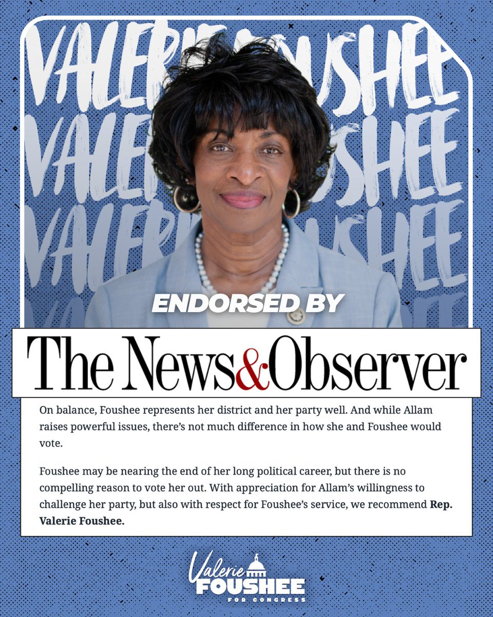 FousheeforNC's tweet photo. I am grateful to have the endorsement of the @NewsObserver! This campaign is about delivering for #NC04, and I'm honored to have their endorsement. https://t.co/7hp11Rk3WN