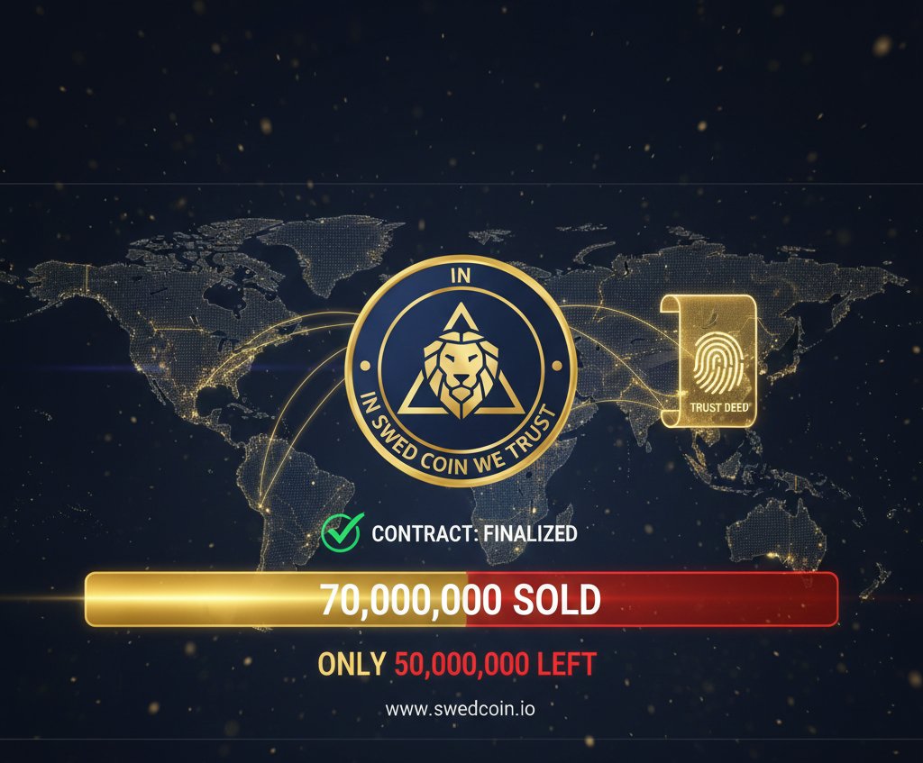 CoinSwed's tweet photo. Headline: 🚨 THE WORLD IS WATCHING: 70,000,000 $SWED SOLD! 🚨
The #SwedCoin revolution is no longer a secret. We are officially in the FINAL STAGE of the most anticipated presale of 2026.
🔥 Stats that Matter:
✅ 70M Sold | 📉 Only 50M Remaining
📜 Contract Renounced: Post-Presale (Total Decentralization)
🏛 Regulated Vision: Bridging the gap between legacy trust deeds and blockchain tech.
The infrastructure of global trust is being rewritten. Will you hold the keys or just watch the history?
👉 JOIN NOW: https://t.co/6eCZTCGWcZ
#CryptoNews #WealthAndLegacy #Bitcoin #ICO #SwedCoin #Ethereum #PresaleLive #BullMarket2026
⚠️ INVESTMENT DISCLAIMER: Cryptocurrency investments carry a high level of risk and may not be suitable for all investors. The value of SwedCoin can fluctuate significantly, and you could lose your entire investment. Sweden's financial regulator, Finansinspektionen, has warned that most ICOs lack full consumer protection. Always conduct independent research and consult a financial professional before participating.