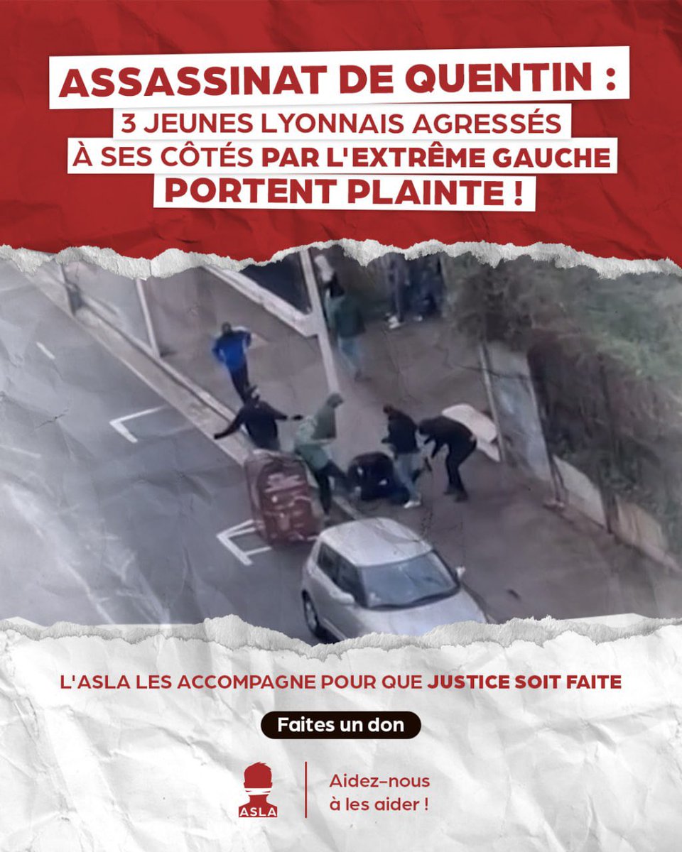 🔴 L’ASLA soutient trois jeunes Lyonnais agressés par des militants d’extrême-gauche aux côtés de Quentin : ils portent plainte.

➡️ L’ASLA soutient la plainte de trois jeunes Lyonnais violemment agressés par les antifas de la Jeune Garde le 12 février 2026, aux côtés de Quentin,