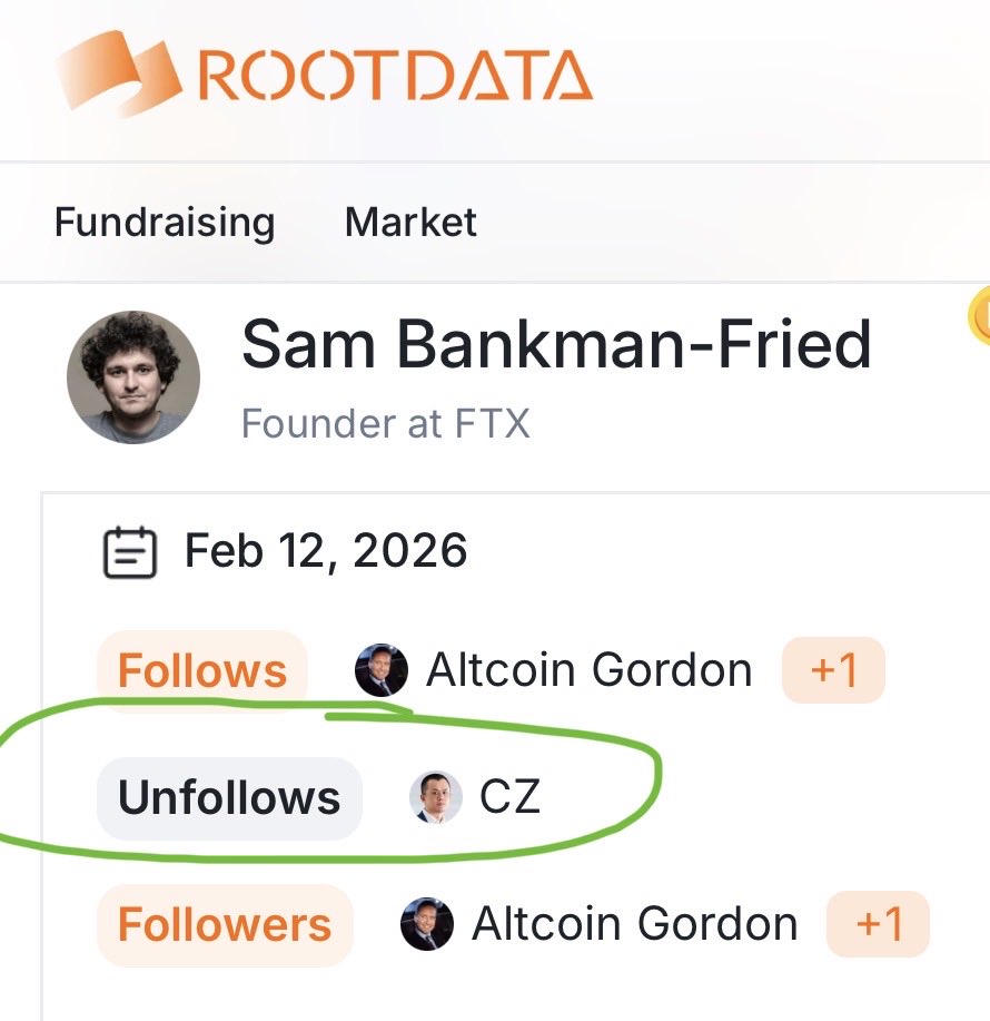 🚨JUST IN: <a href="/SBF_FTX/">SBF</a> unfollowed <a href="/cz_binance/">CZ 🔶 BNB</a> on February 12th.

Source: rootdata.com/member/Sam%20B…