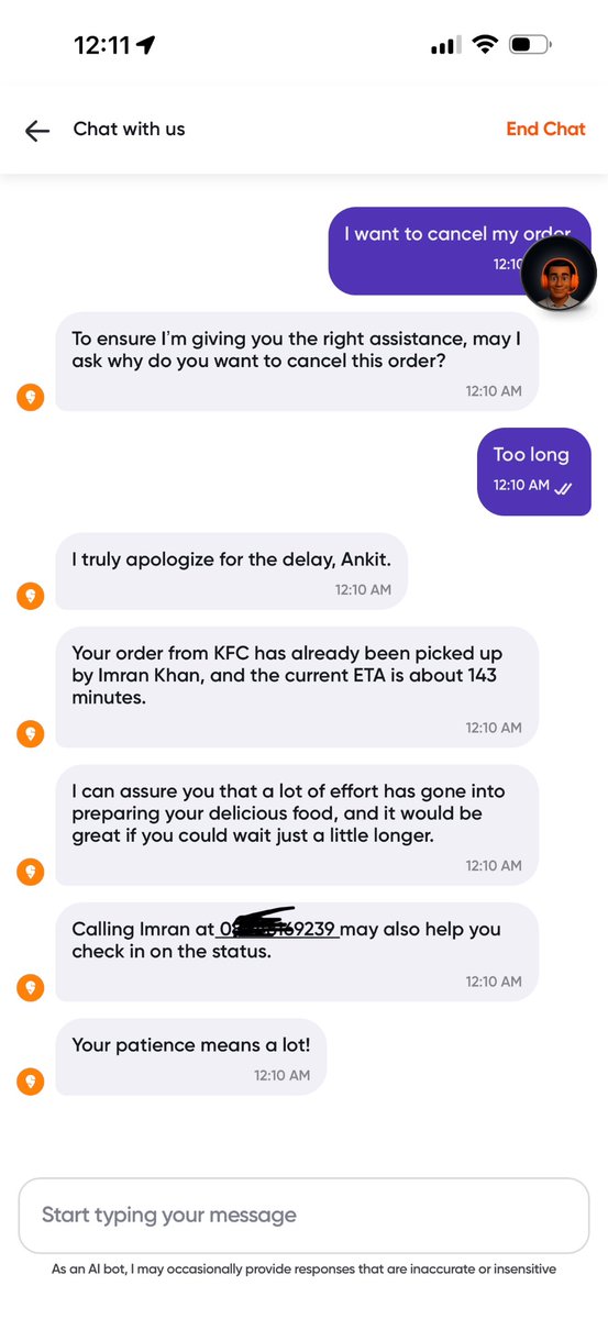 ankit_apk's tweet photo. @Swiggy why don’t you ground your AI Agent with context rather than asking the customer at the first place? It’s been more than 2 hours since the time to delivery was showing 5 mins then now showing 144 minutes.

Let me know if you need help in planning that technically. https://t.co/dwUz4qn4Ta