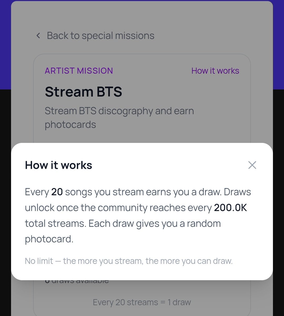 Special Mission: Stream BTS

How it works: Every 20 BTS songs = 1 draw. Draws unlock at each 200K community streams. The more BTS is streamed, the more milestones and draws unlock. Only BTS songs count toward Special Mission progress.

b-cd.app/special-missio…

-🦁