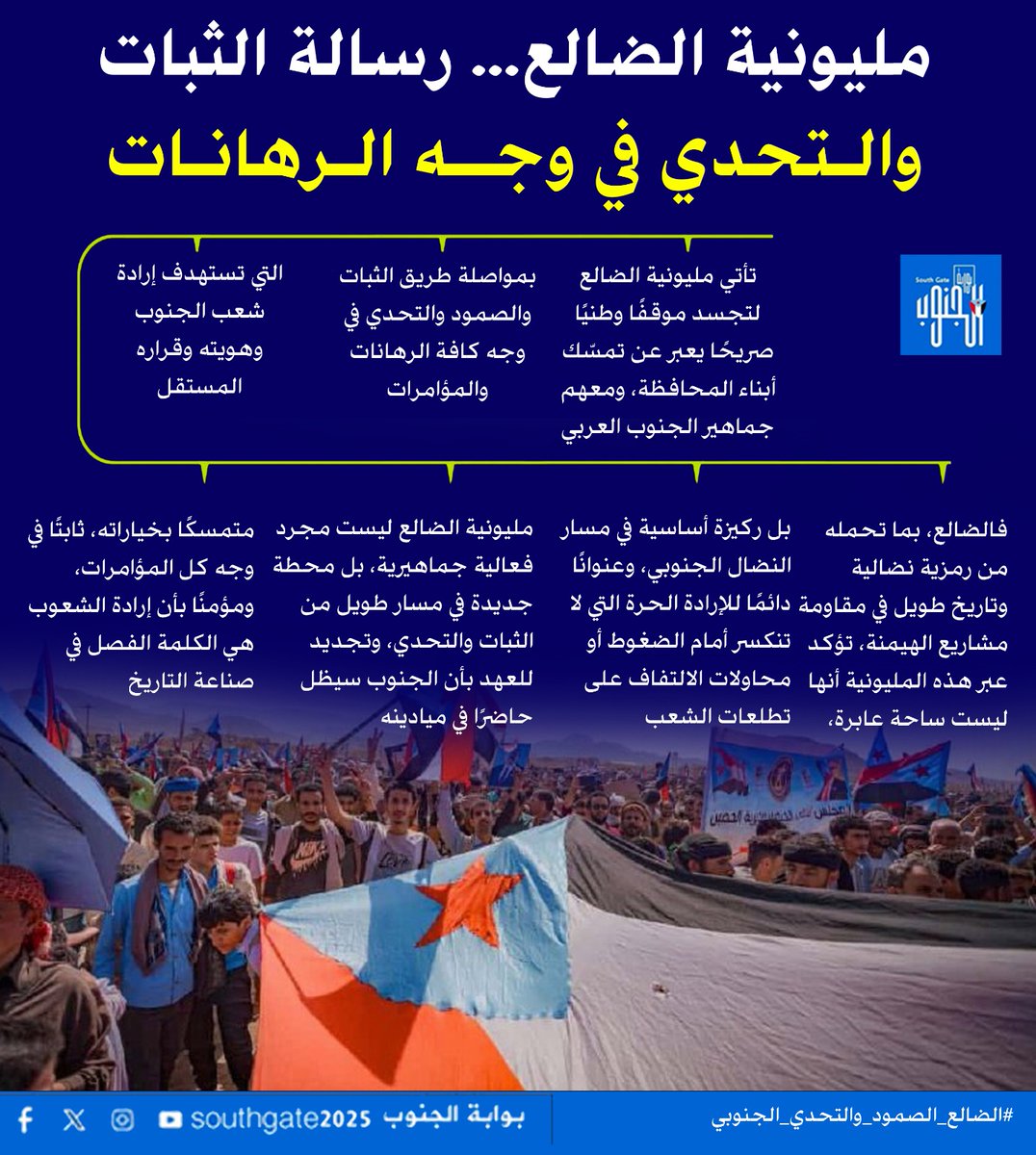 المجتمع الدولي مطالب بموقف واضح إزاء أي خطوات أحادية تُقوّض فرص الحل السياسي العادل للقضية الجنوبية.
استقرار الجنوب عنصر أساسي في أمن الملاحة الدولية في باب المندب وخليج عدن، وأي سياسات إقصائية أو فرض وصاية سياسية تهدد هذا الاستقرار بشكل مباشر.
#الضالع_الصمود_والتحدي_الجنوبي