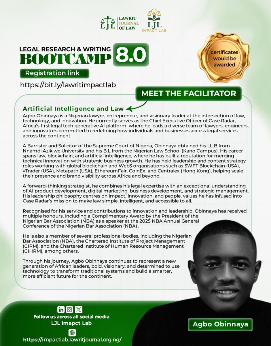 Meet Agbo Obinnaya, CEO of Case Radar, Africa's first legal tech generative AI platform. A Barrister and Solicitor of Nigeria's Supreme Court, he's redefining legal service access through innovation. 
Learn about law's future at Bootcamp 8.0. Register: bit.ly/lawritimpactlab