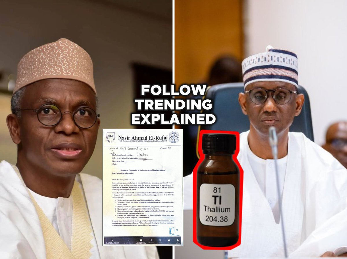 ChinasaNworu's tweet photo. Nasir El Rufai accuses NSA Nuhu Ribadu of importing Thallium Sulfate, a colorless, tasteless, odourless dangerous toxin into the country, demands clarity.
A teaspoon of Thallium Sulfate Tl₂SO₄ can kill 34 people at once. Whether inhaled or consumed. Used by KGB &amp; CIA. https://t.co/d08yN8rjOM