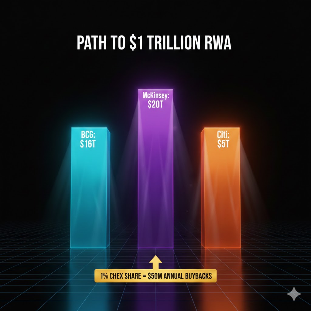 edwinrwa's tweet photo. Zooming out to the sector level — why does RWA tokenization matter?

Institutional projections for tokenized assets by 2030:

BCG: $16 trillion

McKinsey: $20 trillion (updated from $2T base case with acceleration scenario)

Citi: $4-5 trillion (conservative)

These aren't crypto-native projections. These are the world's most respected consulting firms and banks.

What's driving this? Traditional finance infrastructure is ancient. Settlement takes T+2 days. Cross-border transactions cost 3-5%. Fractional ownership requires expensive legal structures. Liquidity is locked in illiquid markets ($280T in real estate alone).

Tokenization fixes all of this: instant settlement, fractional ownership, 24/7 liquidity, automated compliance, global distribution.

The institutional signal is real:

BlackRock launched BUIDL (tokenized treasury fund)

Franklin Templeton tokenized a money market fund

Morgan Stanley greenlit crypto for RAs/PMs (end 2025)

NYSE positioning for tokenized asset trading

The question isn't IF tokenization happens — it's WHO builds the infrastructure rails.

Even 0.1% of a $5T market flowing through Chintai's infrastructure = $5B TVL. That's the utility activation threshold. And their MAS-regulated dashboard already projects $5-10B for 2026. That's the path to $1 TRILLION in RWA tokenization distribution.