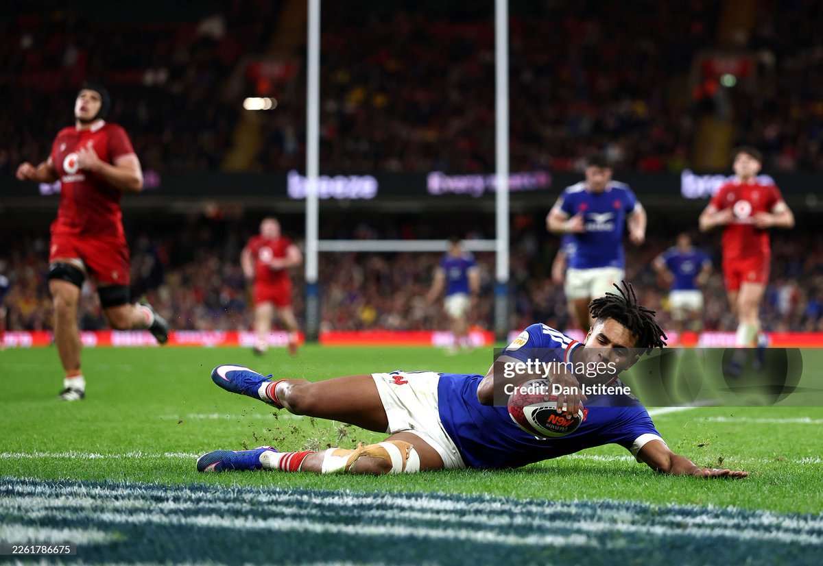 GettySport's tweet image. Theo Attissogbe of France scores his team's fifth try during a 54-12 victory over Wales as part of the second round of the Guinness Six Nations 2026 at Principality Stadium in Cardiff, Wales. 📸:  Dan Istitene, David Rogers #6Nations #FRAWAL #Rugby #SixNationsRugby