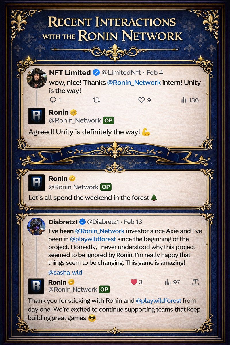 Regardless of the price, I have to happily admit that the <a href="/Ronin_Network/">Ronin</a> has been somewhat more welcoming and proactive lately.

The official account posts about all projects on Ronin, as it should.

The unity of the entire ecosystem comes first, preferential investments only