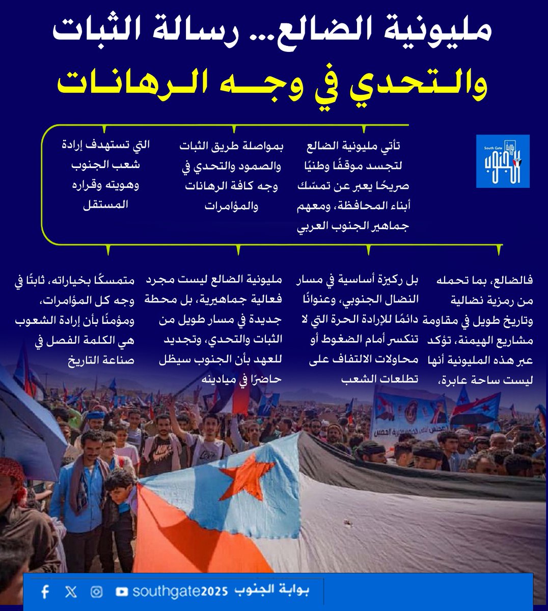 الجنوب لن يعود إلى مربع التبعية.
وزمن فرض الإرادات انتهى،وأي جهة تعتقد غير ذلك ستصطدم بواقع شعبي لا يمكن كسره.
وأي خطوة أحادية لإعادة تشكيل المشهد السياسي الجنوبي خارج الإرادة الشعبية تُعد إعلان مواجهة مع شعب كامل، لا مع المجلس الانتقالي الجنوبي فقط
#الضالع_الصمود_والتحدي_الجنوبي