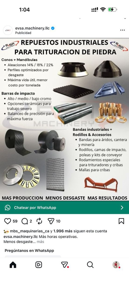 Lito_Calvo's tweet photo. 🔧 REPUESTOS INDUSTRIALES PARA TRITURACIÓN DE PIEDRA
Suministramos repuestos y componentes industriales para plantas de trituración, canteras y operaciones mineras, diseñados para trabajo severo y operación continua.
Disponibles para:
•Conos y mandíbulas (aleaciones 14% / 18% / 22%)
•Barras de impacto (alto, medio y bajo cromo)
•Bandas industriales y rodillos
•Componentes críticos para plantas de trituración
Ventajas operativas:
•Mayor vida útil
•Menor costo por tonelada procesada
•Soluciones confiables para entornos industriales exigentes
💳 Aceptamos pagos en USDT (USD digital)
Modalidad de pago utilizada en operaciones B2B y comercio internacional.
📦 Abastecimiento internacional
⚙️ Soporte técnico especializado / simulación de procesos GRATIS!!!
📩 Escríbenos por WhatsApp para cotizar tu requerimiento.

#RepuestosIndustriales #TrituracionDePiedra #IndustriaMinera #Canteras #Agregados
#PlantasDeTrituracion #MantenimientoIndustrial #SolucionesIndustriales #PagosDigitales #USDT