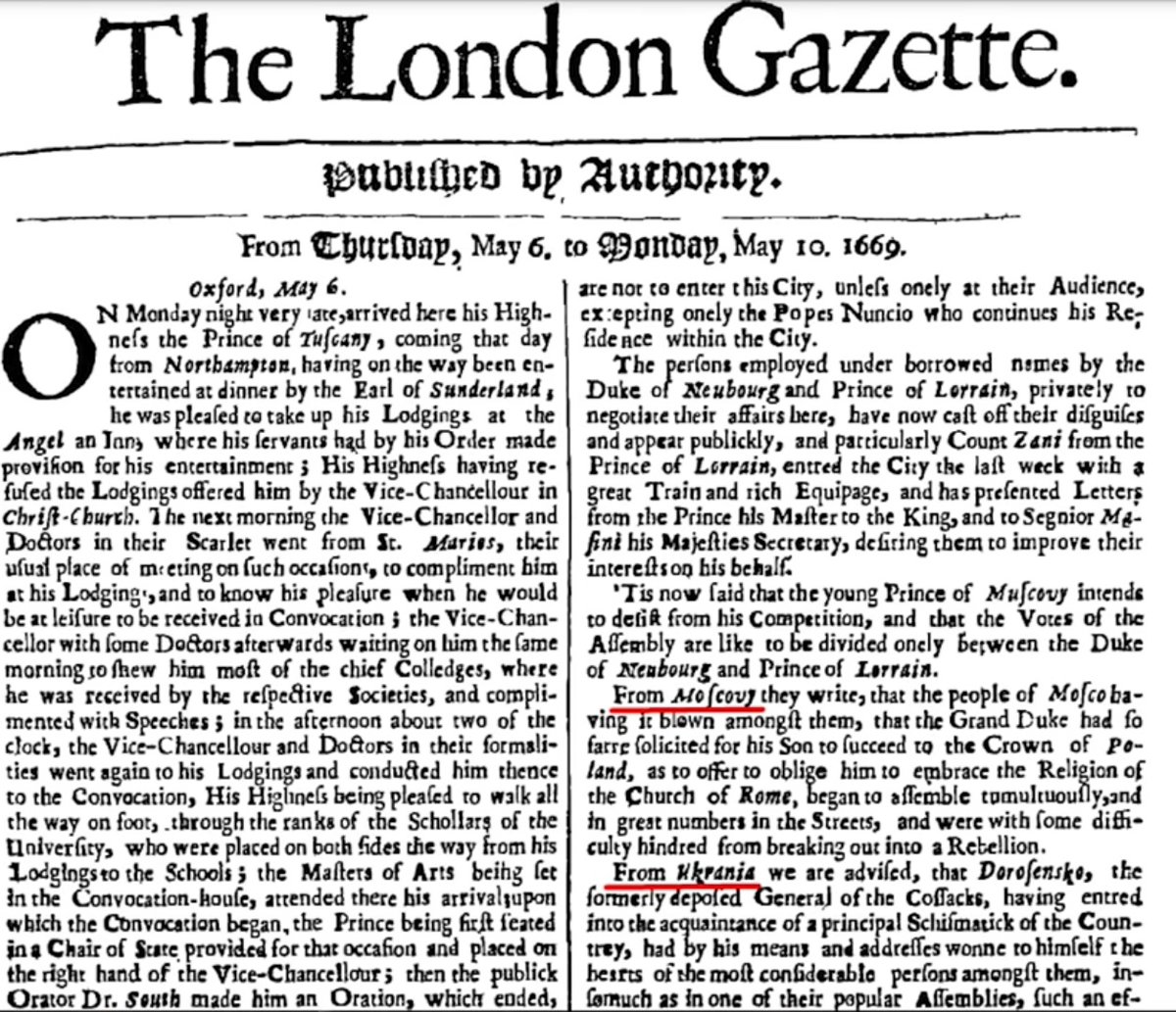 TomBombadilNB's tweet photo. 1669 рік.
The London Gazette (найстаріша англійська газета, яка збереглась та постійно публікується в Великій Британії) розповідає в своїх новинах про дві різні країни - про Україну та Московію. https://t.co/5MEo5PdfRe