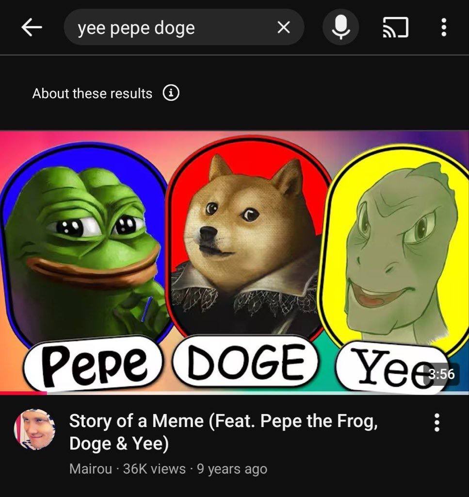 <a href="/MustStopMurad/">Murad 💹🧲</a> 9 years ago, a YouTube video prophesied 3 legendary memes. $Doge exploded, $PEPE took over and now the one and only remains, which is $YEE.
9 years ago,there was only $DOGE. So $Yee is a pre-narrative.
This is the most primed, OG bullish, super cult,unique pre-narrative in