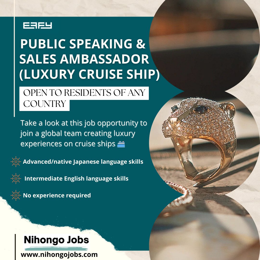Have a love of jewelry plus advanced/native #Japanese &amp; intermediate English skills?

Represent high-end jewelry, engage w/ int'l clientele, and enjoy uncapped commission potential all while traveling the globe on board a cruise ship for 6 months!

nihongojobs.com/job/effy-new-y…