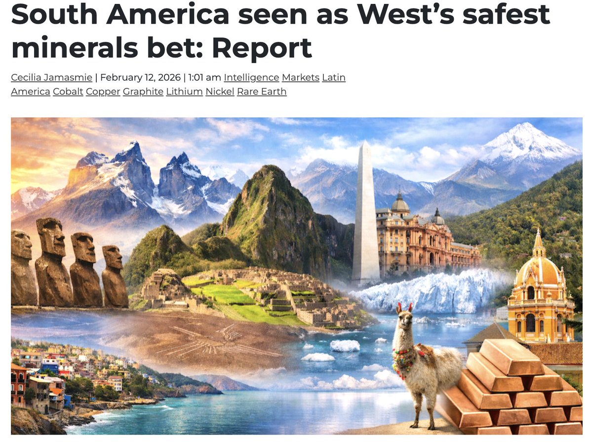 Mark4XX's tweet photo. SOUTH AMERICA: THE WEST'S SAFEST BET FOR CRITICAL MINERALS IN 2026

A major new report from Verisk Maplecroft reveals why Western nations are turning to South America to escape over-reliance on China for key minerals like lithium, copper, nickel, cobalt, graphite, and rare earths. In a world of rising geopolitical tensions and supply chain risks, the Andes region stands out as the smart, stable choice.

THE BIG PICTURE: WHY SOUTH AMERICA WINS
✅ Argentina, Brazil, Chile, and Peru combine massive reserves with moderate political risk and lower resource nationalism. 
➡️ Unlike high-risk spots like DR Congo, Indonesia, or Tanzania, these countries offer a balanced, investable environment.

LOW-RISK ANDES ADVANTAGE
✅ Peru, Chile, and Argentina rank among the world's strongest performers on resource nationalism indexe
🔍 South America avoids the extreme state intervention seen elsewhere, making long-term Western investment far more attractive. 
📍 "What differentiates South America is not the scale of reserves, but the distribution of risk," says Verisk Maplecroft’s chief analyst Jimena Blanco.

GEOPOLITICAL ALIGNMENT BOOST
➡️ Many South American nations lean pro-Western or neutral based on trade, UN votes, and security ties. 
➡️ Argentina and the Philippines rank as close US allies, while Chile and Peru show strong strategic alignment.
➡️ Only a few tilt toward China, but the region overall provides a reliable anchor.

REAL-WORLD MOVES HAPPENING NOW
➡️ US negotiating with Brazil on heavy rare earth processing and offering stakes in projects. 
➡️ Recent US deals and frameworks signed with Argentina, Peru, Paraguay, and others signal accelerating partnerships. 
➡️ Western allies push for stockpiles, trade blocs, and diversification away from China dominance.

THE CHALLENGES REMAIN REAL
❗ Some minerals force exposure to higher-risk countries—no full escape possible. 
⚠️ But South America offers the best risk-adjusted opportunity in a constrained global landscape.

THE BOTTOM LINE
South America is positioning itself as the cornerstone for the West's critical minerals future: a rare blend of huge endowments, manageable risks, and favorable alignment that could redefine global supply chains.
The race for tech-critical minerals will be won by managing risk smarter—not avoiding it entirely.

HT: @mining 

#CriticalMinerals #SouthAmerica #Lithium #Copper #RareEarths #Geopolitics #SupplyChain