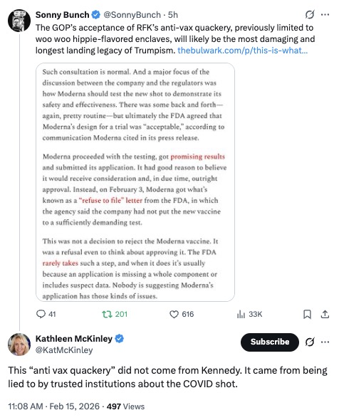If you compare the stuff RFK Jr was saying about the COVID shots--i.e. that they were the "deadliest vaccine ever made"--to the stuff our "trusted institutions" were saying about the COVID shots, there is absolutely zero question the institutions were more credible.