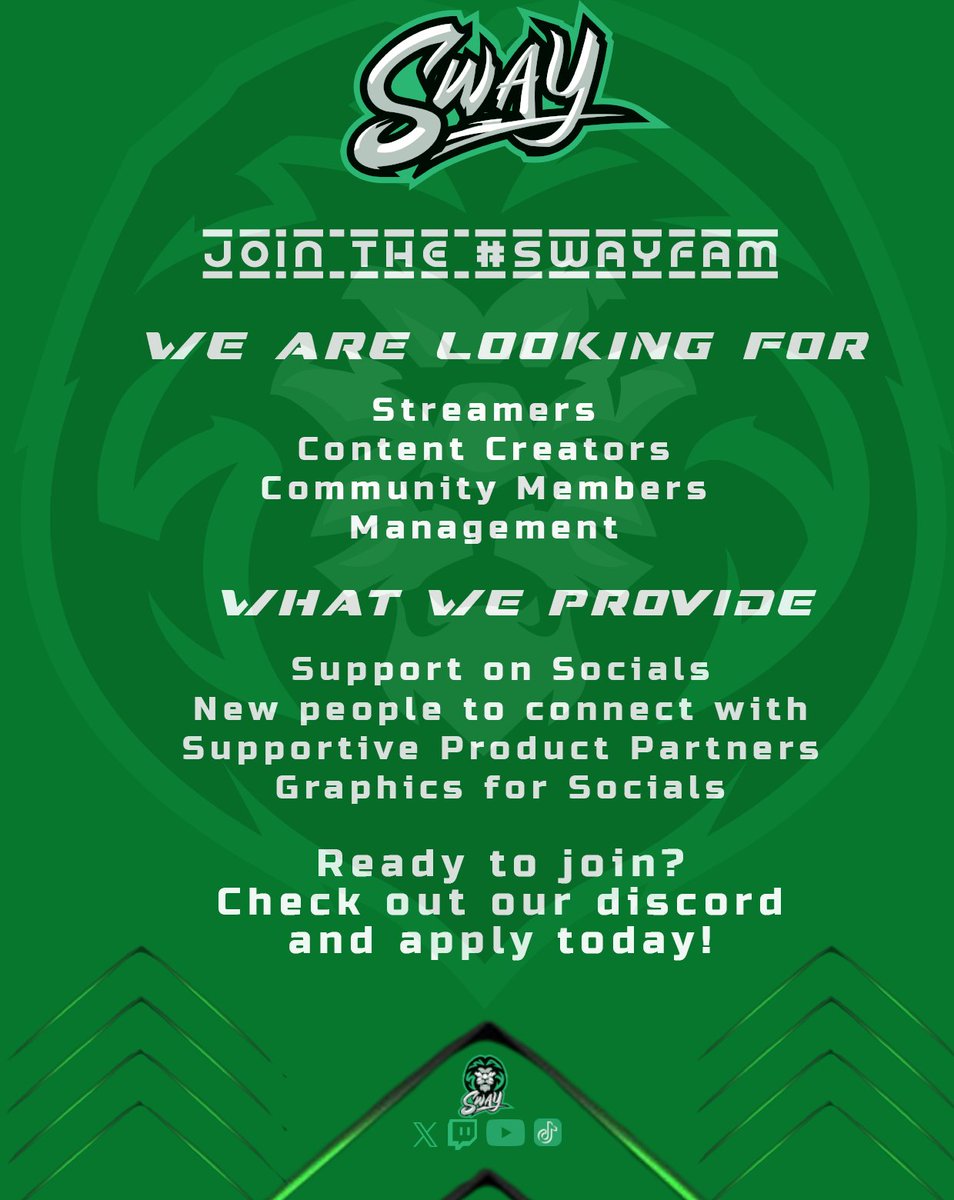 SwayGG's tweet photo. Join us!

The SwayFam is looking for new people to join our long established organization!

We are looking for:

Streamers
Community Members
Content Creators
and MORE!

Check out our discord for more info and apply today! 

https://t.co/N653mKX9dw https://t.co/SxhjJyvvHv