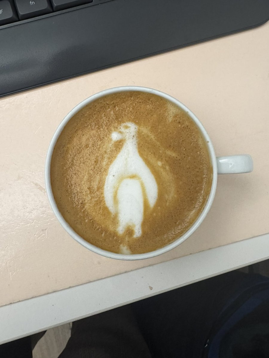 wackyward__'s tweet photo. I made a penguin in my coffee :3 https://t.co/OCO88xOkq1