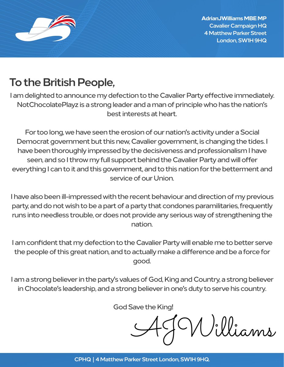 I hereby announce my defection to the Cavalier Party and resignation as Four Star Party Chairman.

As currently planned, I shall be changing seats to a vacant Cavalier seat and soon be joining the Cavalier caucus.