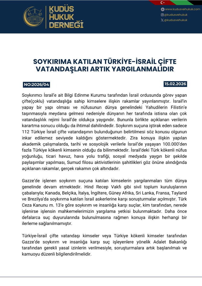 Gazze’de soykırım ve insanlığa karşı suç işleyenlere karşı Adalet Bakanlığı tarafından gerekli yasal izinlerin verilmesiyle, soruşturmalara artık başlanılmalı ve kamuoyu düzenli bilgilendirilmelidir.

kudusvehukuk.com 

<a href="/adalet_bakanlik/">T.C. Adalet Bakanlığı</a> 
<a href="/abakingurlek/">Akın Gürlek</a>