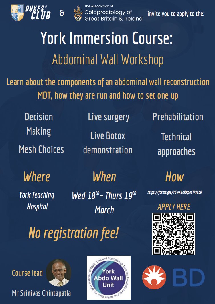 Dukes_Club's tweet photo. York Immersion Course – Abdominal Wall Workshop
📅 18–19 March | York Teaching Hospital
🎟️ No registration fee
Covers MDT setup, mesh choices, decision-making, prehabilitation + live surgery & live Botox demo.
👉 Apply: https://t.co/gp4Y6s725z
@ACPGBI @ChintapatlaYork 
#AbdominalWall #ColorectalSurgery #MedEd #DukesClub #ACPGBI