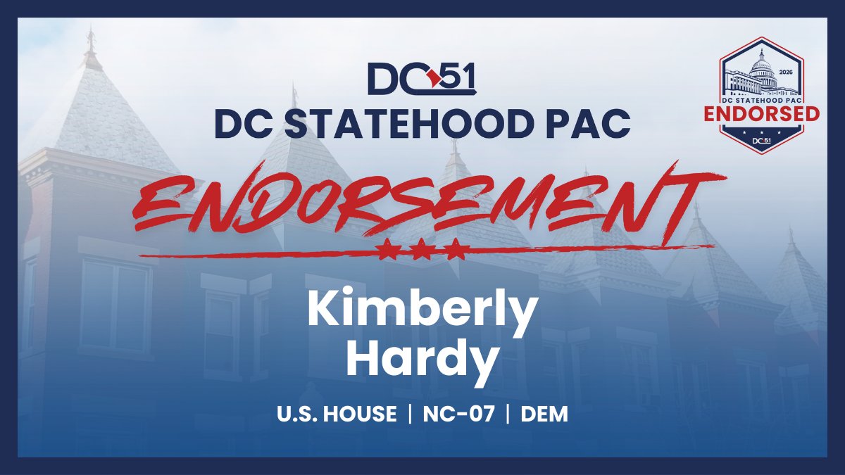 🚨Endorsement Alert 🚨

We’ve endorsed <a href="/KimberlyHardyNC/">Kimberly Hardy for Congress</a> (D) for U.S. Representative (NC-07) - a strong advocate for #DCStatehood in Congress!

View all our 2026 endorsements 👉 dcstatehoodpac.com/endorsements

Support our advocacy 👉  secure.actblue.com/donate/dc-stat…