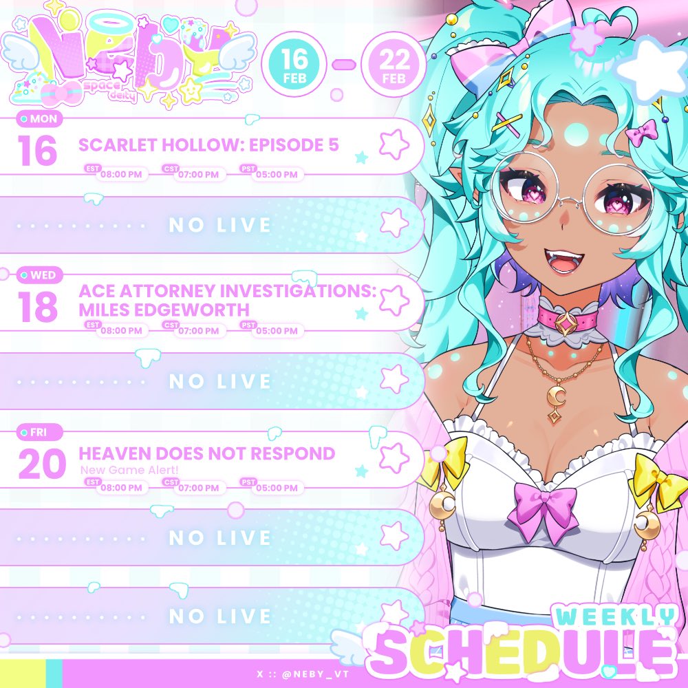 ★°࿔ 𝚆𝚎𝚎𝚔𝚕𝚢 𝚂𝚌𝚑𝚎𝚍𝚞𝚕𝚎 ࿔°★ 

Me getting into more horror? Unheard of! Also blast from the past! 

💜twitch.tv/neby_vt
📷neby.carrd.co
 
─── ⋆⋅☆⋅⋆ ───