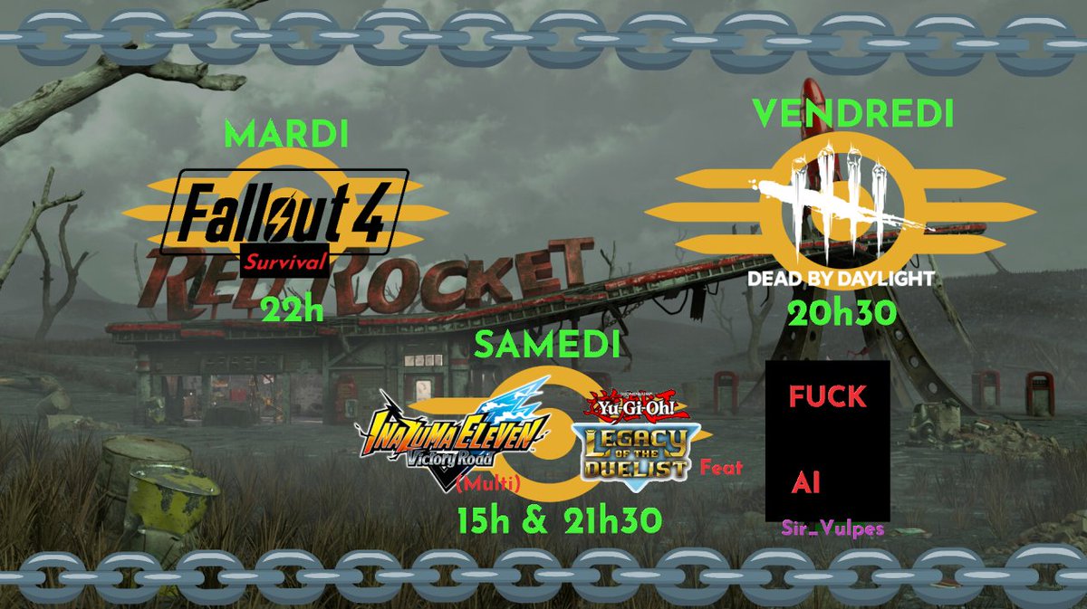 Planning du 17 au 21 février :

On repart en force ! 💜

Mardi 22h - Fallout 4 Survival ☢️
Vendredi 20h30 - Dead By Daylight 🔪
Samedi 15h - IE: Victory Road (commu) ⚽
21h30 - YGO : Legacy of Duelist feat <a href="/SirVulpesVT/">Sir Vulpes</a> 🃏