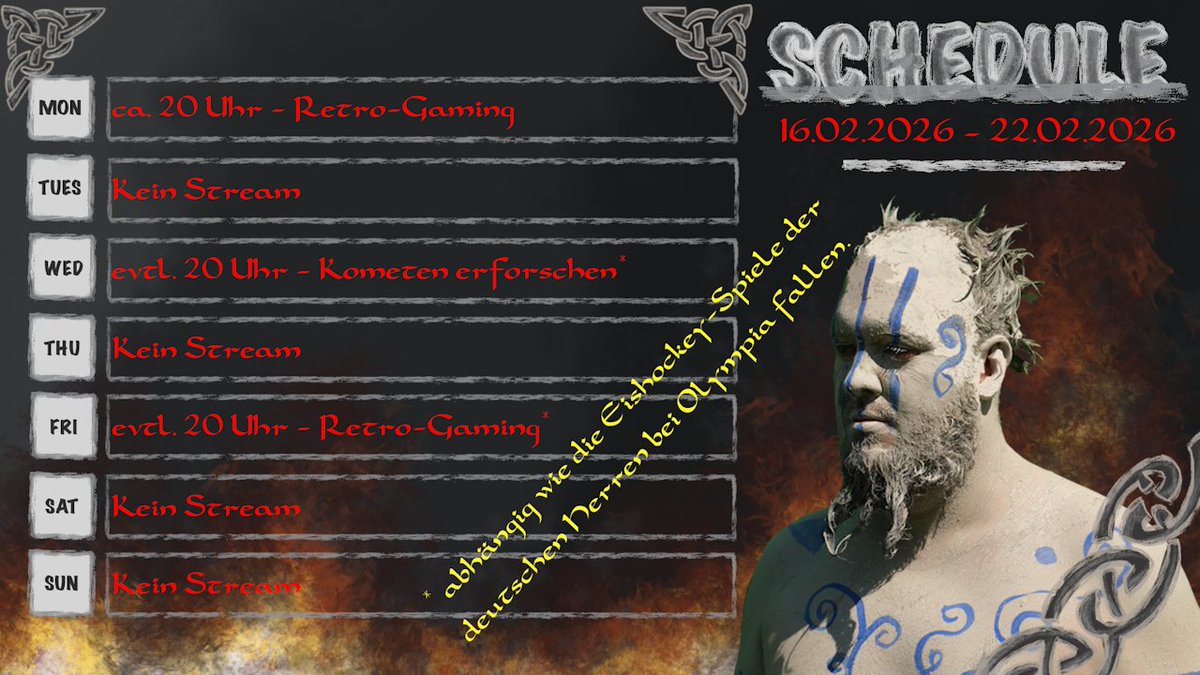 Plan für die Woche steht.
Da bei Olympia die deutschen noch beim Eishockey mit bei sind (zumindest am Mittwoch noch, ist nur der Montag die Woche fest. Rest der Woche ist abhängig davon, wie das Spiel am Mi (und ggf. Fr) fallen. Bei einem Sieg am Mi gibts auch Fr. ein Spiel :D