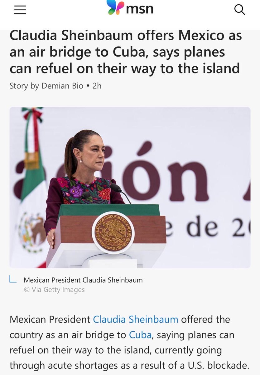 INTELIGENCIA Y PODER
<a href="/Claudiashein/">Claudia Sheinbaum Pardo</a> <a href="/SecRubio/">Secretary Marco Rubio</a> 

La propuesta de México de servir como “puente aéreo” para que aeronaves puedan repostar combustible y mantener vuelos hacia Cuba difícilmente puede interpretarse como una decisión puramente humanitaria.

Es una decisión política.

En