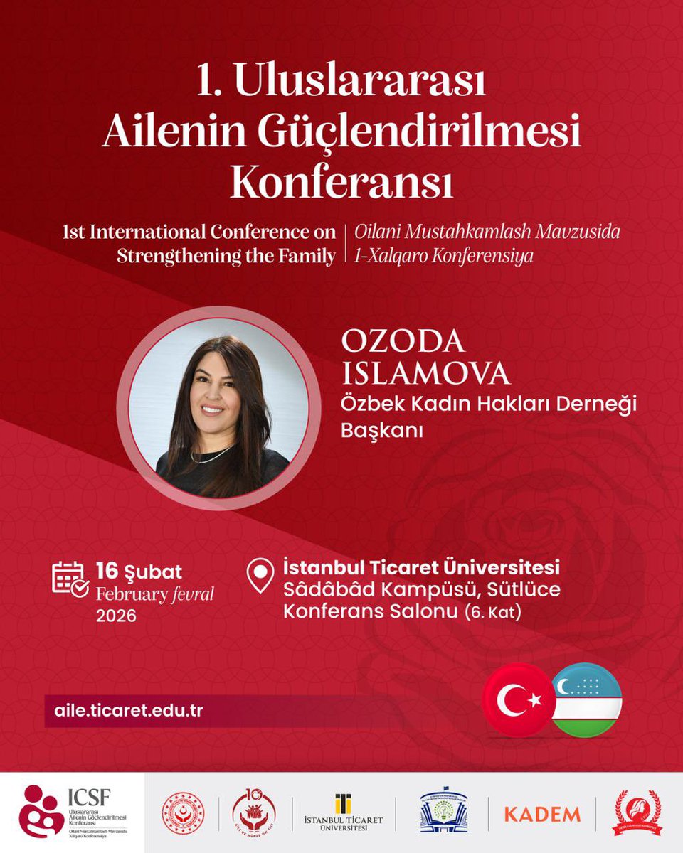 1. Uluslararası Ailenin Güçlendirilmesi Konferansı açılış oturumu; Yönetim Kurulu Başkanımız <a href="/avcanansari/">Av. Dr. Canan SARI🇹🇷</a>, 
İstanbul Ticaret Üniversitesi Rektörü Prof. Dr. Necip Şimşek, Özbek Kadın Hakları Derneği Başkanı Ozoda Islamova, Aile Enstitüsü Genel Müdürü Ayşenur Çoban,   Özbekistan