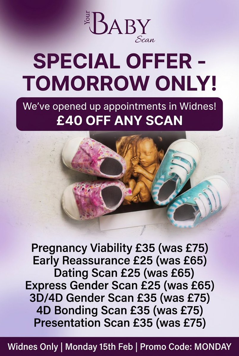 Widnes slots open for tomorrow! Since we cancelled our leave, any scan starts from £25. These rare Monday spots will go fast, so move quickly for peace of mind. 🍼

Book at rfr.bz/t4cbbd0
Code: MONDAY (£40 off)

#earlypregnancy #scan #widnes