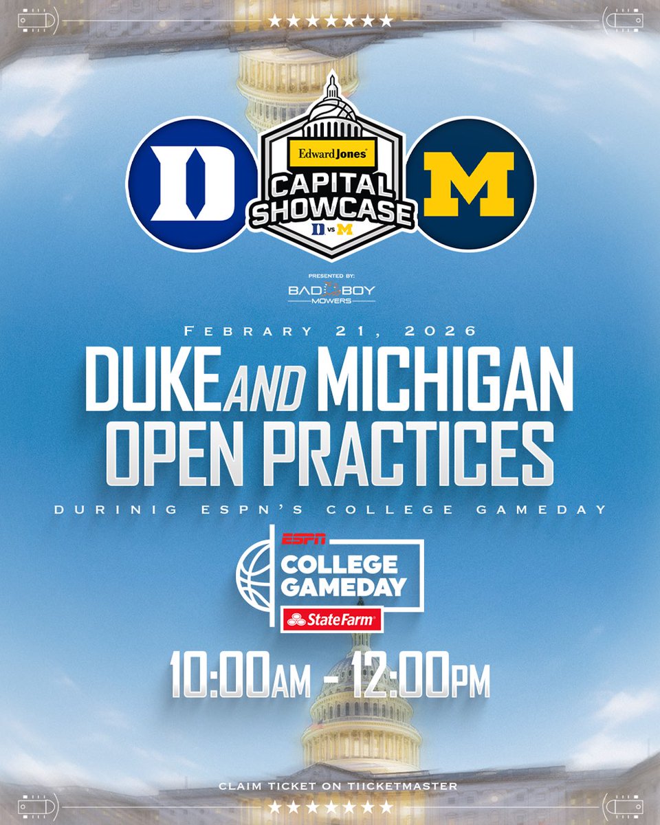 Gazelle_Sports's tweet photo. Make sure to claim your FREE ticket and come watch @DukeMBB and @umichbball Practice during @CollegeGameDay in what will make for a one of a kind experience‼️🏀

🎟️: Claim your FREE ticket to gameday on ticketmaster ( link in bio) 
⏰: 10am-12pm
📍: @CapitalOneArena 
📺: ESPN https://t.co/xjp59h6scy