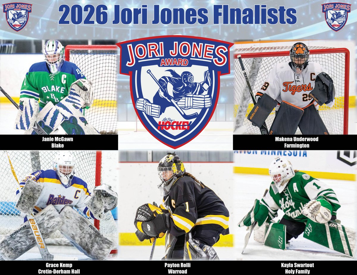 The finalists for the Jori Jones Award, given to the state's top senior goaltender, have been announced.
Four of the five goalies will be playing in this week's state tournament.
They have combined for more than 6,000 minutes this season, 93 wins, made 3,077 saves, have a