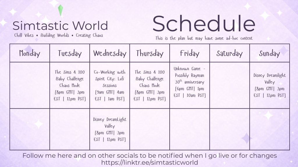 SimtasticWorld's tweet photo. Expected Twitch Schedule for the upcoming week 16th-22nd Feb https://t.co/vAsXxI51oL  #TheSims4 #DisneyDreamlightValley https://t.co/fZwwqJwqLS
