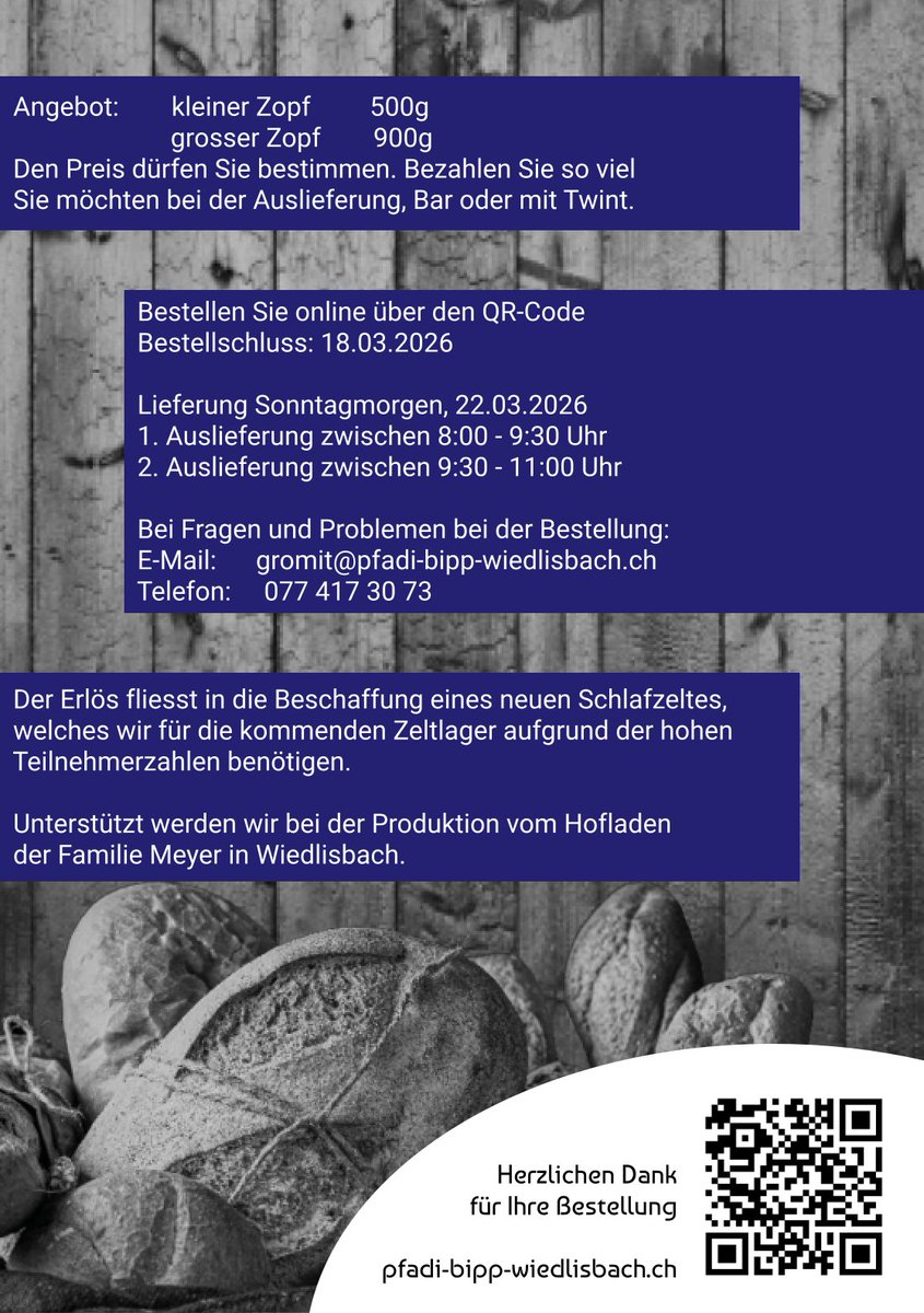 PfaBippWbach's tweet photo. Züpfenverkauf am 22.03.2026
Sonntagsfrische Züpfen direkt nach Hause geliefert!
Bestellung unter https://t.co/hQzSiaylLr https://t.co/IOZkJOrKh7