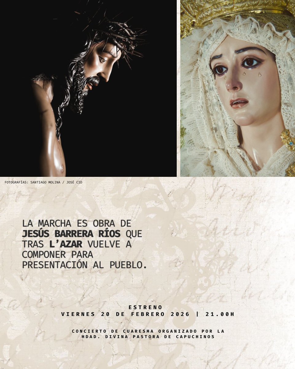 La marcha se estrenará el próximo 𝐯𝐢𝐞𝐫𝐧𝐞𝐬 𝟐𝟎 𝐝𝐞 𝐟𝐞𝐛𝐫𝐞𝐫𝐨 𝐚 𝐥𝐚𝐬 𝟐𝟏:𝟎𝟎𝐡 durante nuestra participación en los Conciertos de Cuaresma organizados por la <a href="/PastoraCapu/">Divina Pastora de Capuchinos de Sevilla</a> 

#PorSiemprePresentación