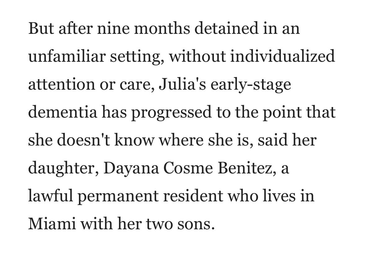 This is appalling. A 79-year-old sought asylum last year, and has been detained ever since. Without adequate medical care, her mental health has deteriorated badly enough that she doesn’t even recognize her daughter anymore.