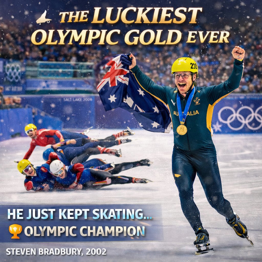 UnderdogLegends's tweet photo. ⛸ The Luckiest Olympic Gold Ever

He was last going into the final corner.

Dead last.
No chance.
Race over.
Then every skater in front of him crashed.
He didn’t speed up.
He didn’t overtake.

He just… kept skating.😅

Olympic champion.
Steven Bradbury, 2002. 🥇
#OlympicMoment https://t.co/hagJ5AtVd3
