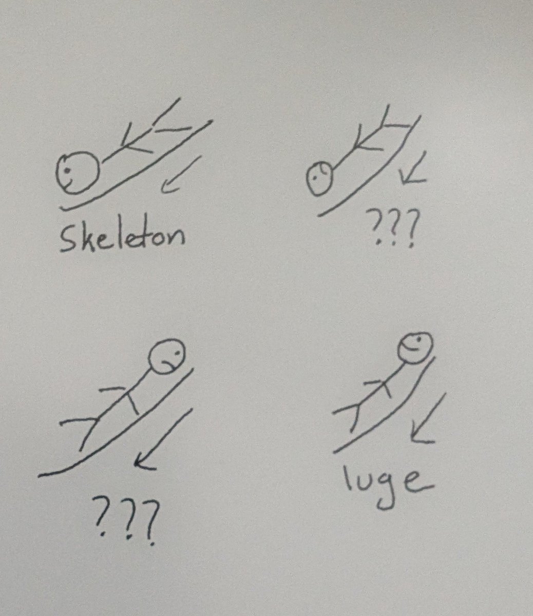 given the existence of skeleton and luge, i postulate the existence of two other, yet to be discovered, winter olympic sports